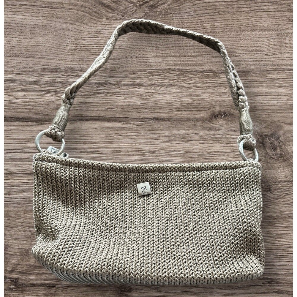Lina Crochet Purse Handbag Woven Shoulder Bag Taupe Zipper Pocket Cottage Core